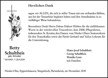 Traueranzeige von Betty Schultheis von vrm-trauer