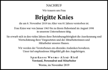 Traueranzeige von Brigitte Knies von vrm-trauer
