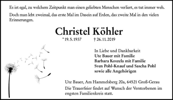 Traueranzeige von Christel Köhler von vrm-trauer