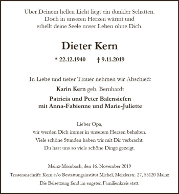 Traueranzeige von Dieter Kern von vrm-trauer