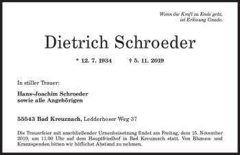 Traueranzeige von Dietrich Schroeder von vrm-trauer