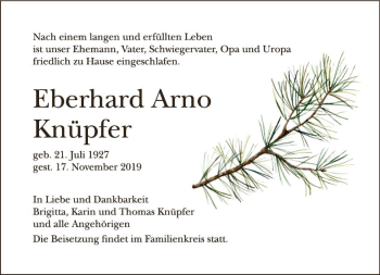 Traueranzeige von Eberhard Arno Knüpfer von vrm-trauer