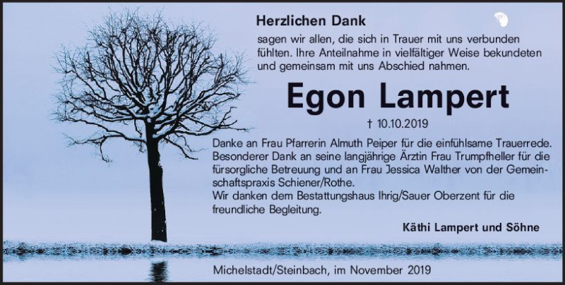  Traueranzeige für Egon Lampert vom 20.11.2019 aus vrm-trauer