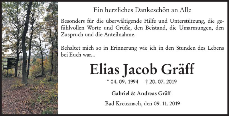  Traueranzeige für Elias Jacob Gräff vom 09.11.2019 aus vrm-trauer