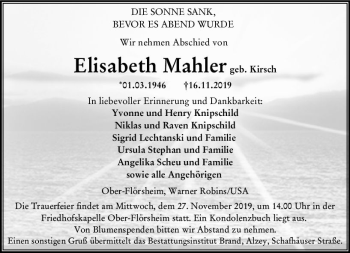 Traueranzeige von Elisabeth Mahler von vrm-trauer