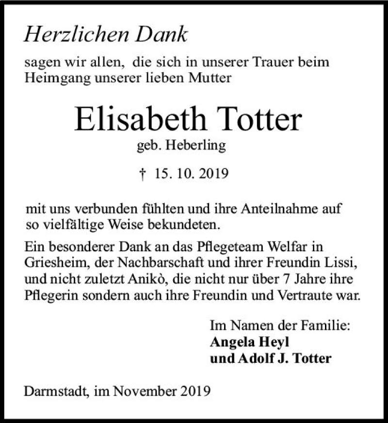  Traueranzeige für Elisabeth Totter vom 16.11.2019 aus vrm-trauer