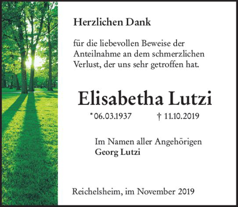  Traueranzeige für Elisabetha Lutzi vom 16.11.2019 aus vrm-trauer