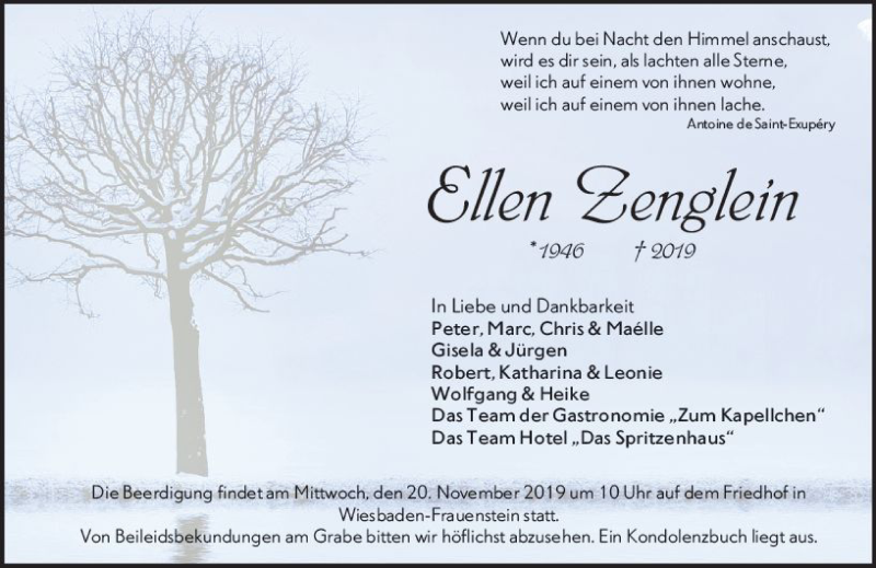  Traueranzeige für Ellen Zenglein vom 16.11.2019 aus vrm-trauer
