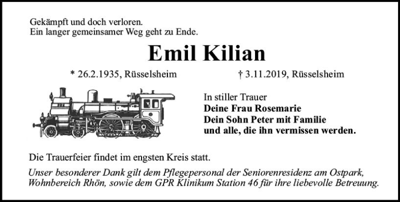  Traueranzeige für Emil Kilian vom 09.11.2019 aus vrm-trauer