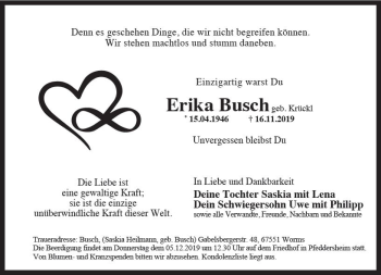 Traueranzeige von Erika Busch von vrm-trauer