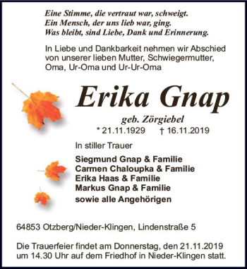Traueranzeige von Erika Gnap von vrm-trauer