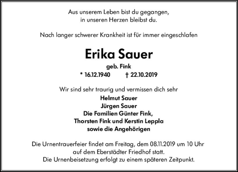  Traueranzeige für Erika Sauer vom 02.11.2019 aus vrm-trauer