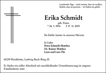 Traueranzeige von Erika Schmidt von vrm-trauer