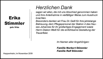 Traueranzeige von Erika Stimmler von vrm-trauer