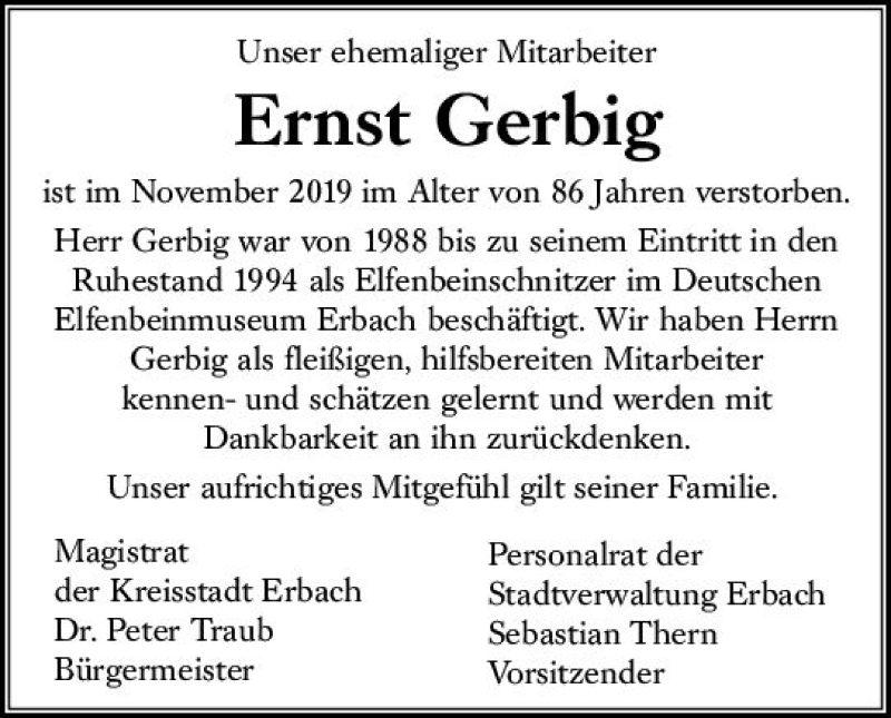  Traueranzeige für Ernst Gerbig vom 29.11.2019 aus vrm-trauer