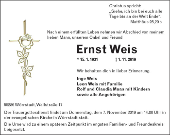 Traueranzeige von Ernst Weis von vrm-trauer