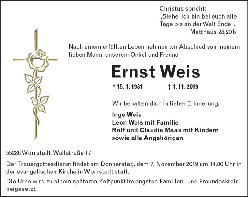  Traueranzeige für Ernst Weis vom 04.11.2019 aus vrm-trauer