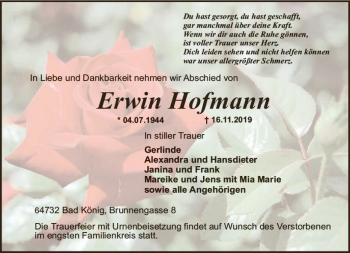 Traueranzeige von Erwin Hofmann von vrm-trauer