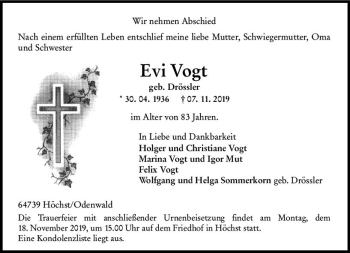 Traueranzeige von Evi Vogt von vrm-trauer