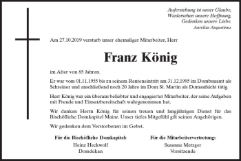 Traueranzeige von Franz König von vrm-trauer