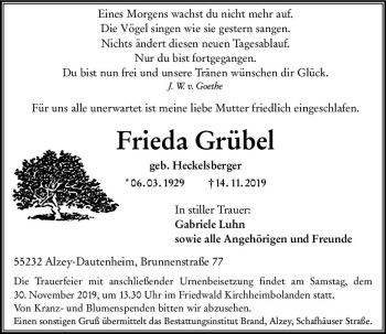 Traueranzeige von Frieda Grübel von vrm-trauer