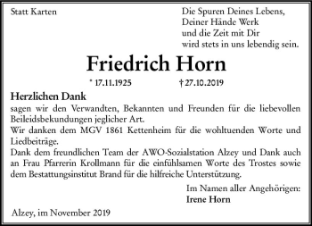 Traueranzeige von Friedrich Horn von vrm-trauer