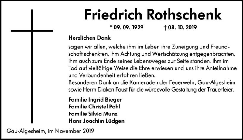  Traueranzeige für Friedrich Rothschenk vom 23.11.2019 aus vrm-trauer