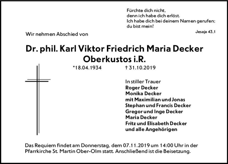  Traueranzeige für Friedrich Maria Decker vom 05.11.2019 aus vrm-trauer