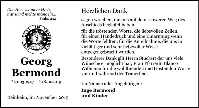  Traueranzeige für Georg Bermond vom 18.11.2019 aus vrm-trauer