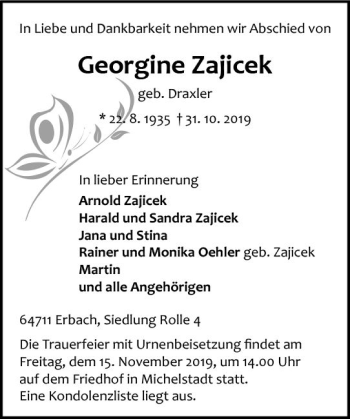 Traueranzeige von Georgine Zajicek von vrm-trauer