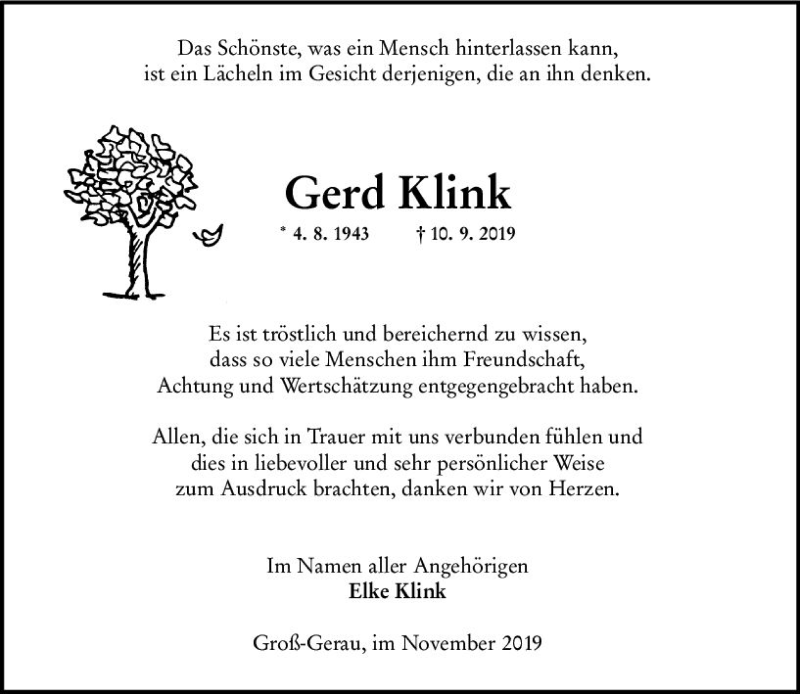  Traueranzeige für Gerd Klink vom 02.11.2019 aus vrm-trauer