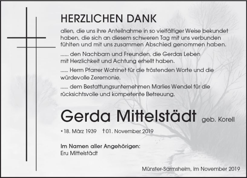  Traueranzeige für Gerda Mittelstädt vom 23.11.2019 aus vrm-trauer