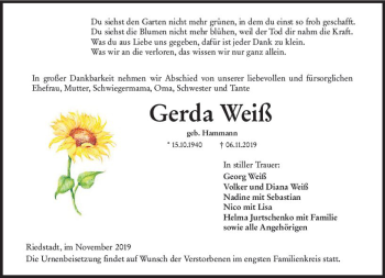 Traueranzeige von Gerda Weiß von vrm-trauer