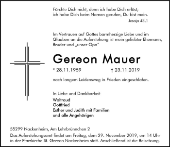 Traueranzeige von Gereon Mauer von vrm-trauer