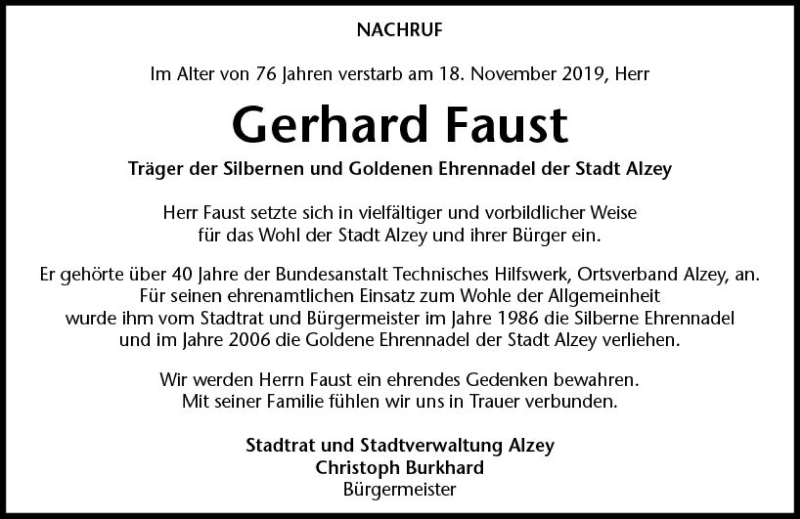  Traueranzeige für Gerhard Faust vom 20.11.2019 aus vrm-trauer
