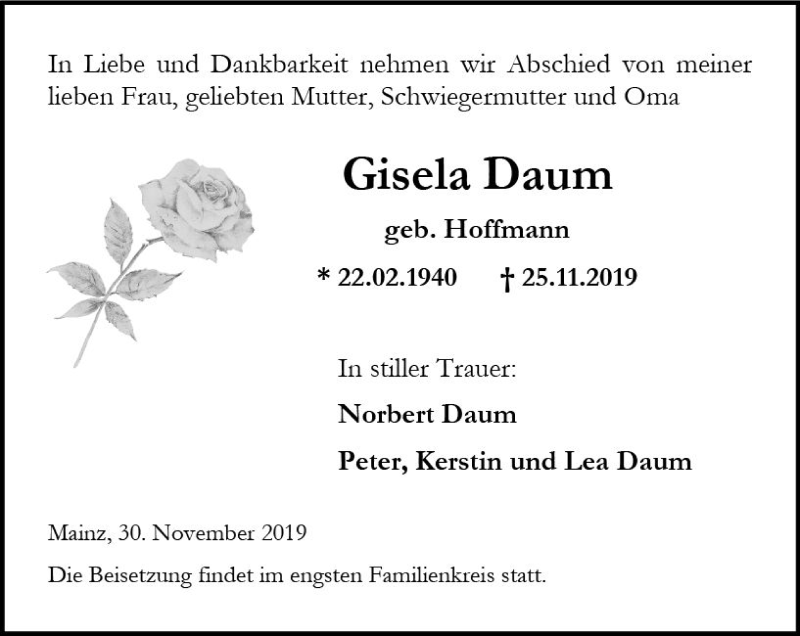  Traueranzeige für Gisela Datim vom 30.11.2019 aus vrm-trauer