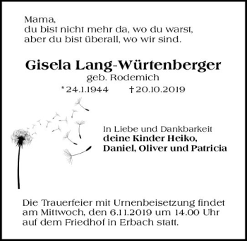 Traueranzeige von Gisela Lang-Würtenberger von vrm-trauer