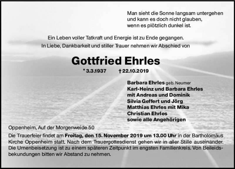  Traueranzeige für Gottfried Ehrles vom 02.11.2019 aus vrm-trauer