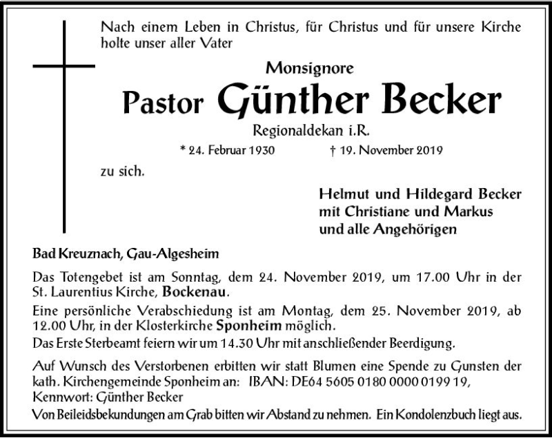  Traueranzeige für Günther Becker vom 25.11.2019 aus vrm-trauer