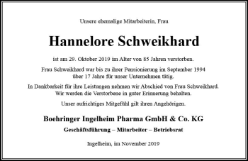 Traueranzeige von Hannelore Schweikhard von vrm-trauer