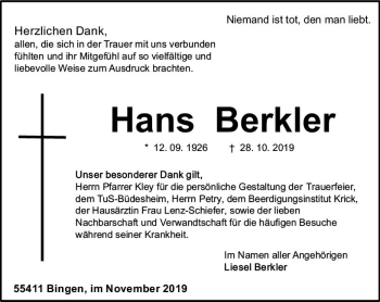 Traueranzeige von Hans Berkler von vrm-trauer