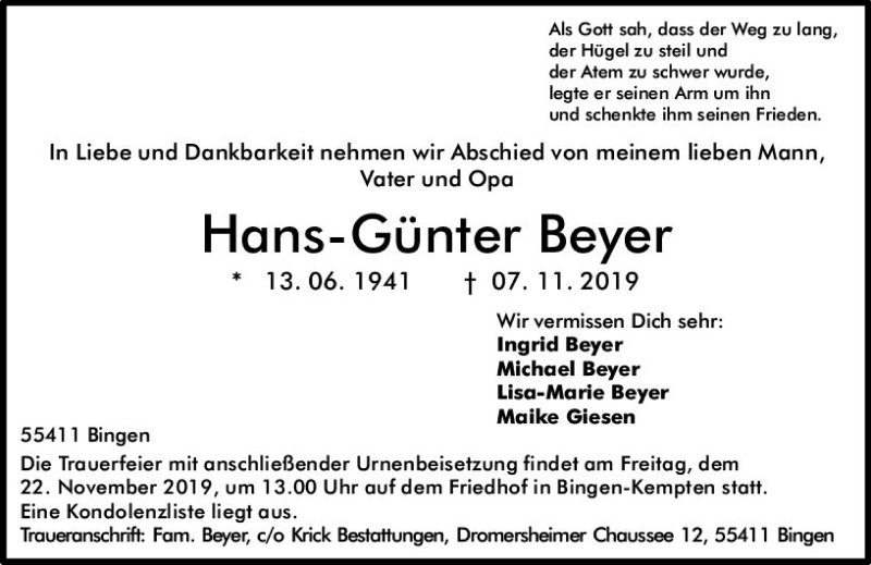  Traueranzeige für Hans-Günter Beyer vom 16.11.2019 aus vrm-trauer
