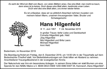 Traueranzeige von Hans Hilgenfeld von vrm-trauer