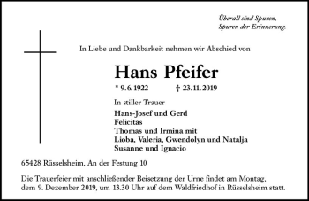 Traueranzeige von Hans Pfeifer von vrm-trauer