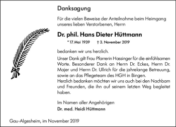 Traueranzeige von Hans Dieter Hüttmann von vrm-trauer