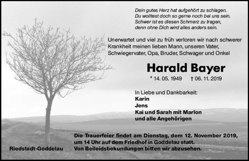  Traueranzeige für Harald Bayer vom 09.11.2019 aus vrm-trauer