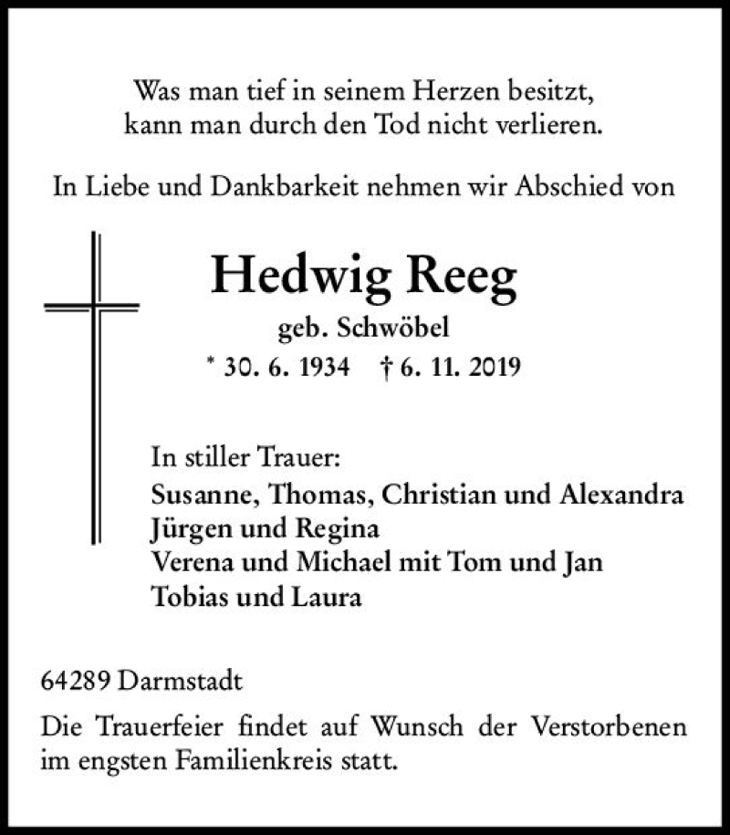  Traueranzeige für Hedwig Reeg vom 16.11.2019 aus vrm-trauer