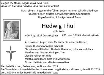 Traueranzeige von Hedwig Thul von vrm-trauer