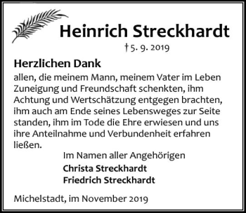 Traueranzeige von Heinrich Streckhardt von vrm-trauer