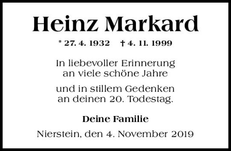  Traueranzeige für Heinz Markard vom 04.11.2019 aus vrm-trauer